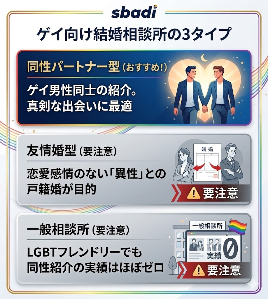ゲイ向け結婚相談所の3タイプを図解。同性パートナー型、友情婚型、一般相談所の違いと目的を整理。