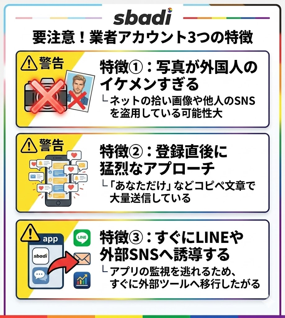 業者アカウントの3つの特徴を図解。外国人イケメンの写真、登録直後の猛烈なアプローチ、LINE等の外部SNSへの誘導に注意喚起