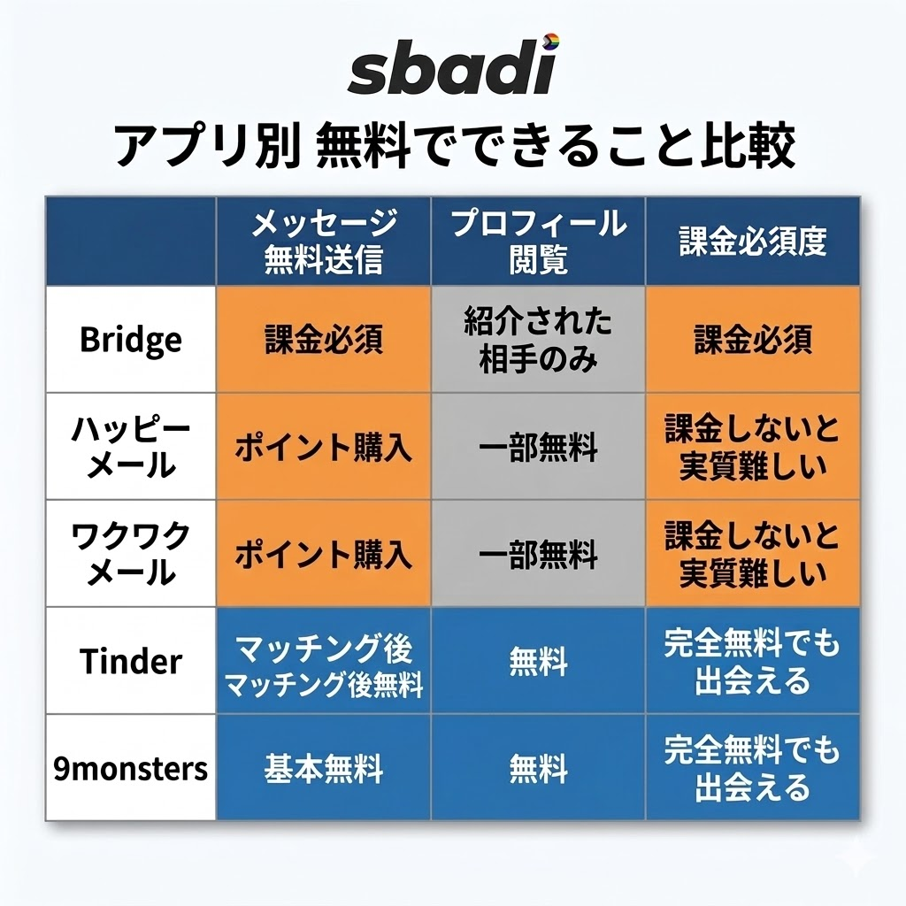 ゲイ向けマッチングアプリの無料範囲比較表。メッセージ送信やプロフィール閲覧が無料で可能か、実質的な課金必須度を一覧化