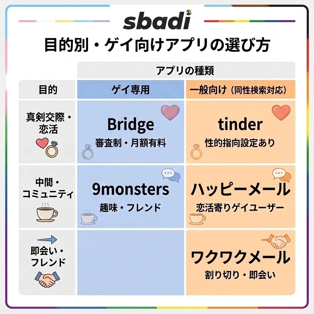 目的別ゲイ向けアプリの選び方マトリクス。真剣交際ならBridgeやTinder、即会いならワクワクメールなど配置を整理