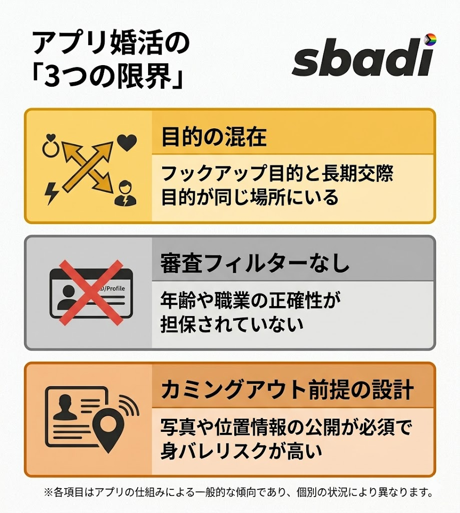 ゲイ向けマッチングアプリの構造的な3つの限界を図解。目的の混在、審査フィルターの不在、カミングアウト前提の設計による身バレリスクを解説