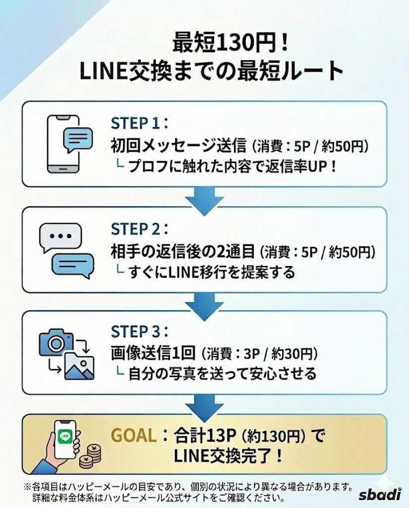 ハッピーメールでLINE交換までの最短ルートを図解。初回メッセージ、2通目、画像送信の合計13P(約130円)で交換する流れ