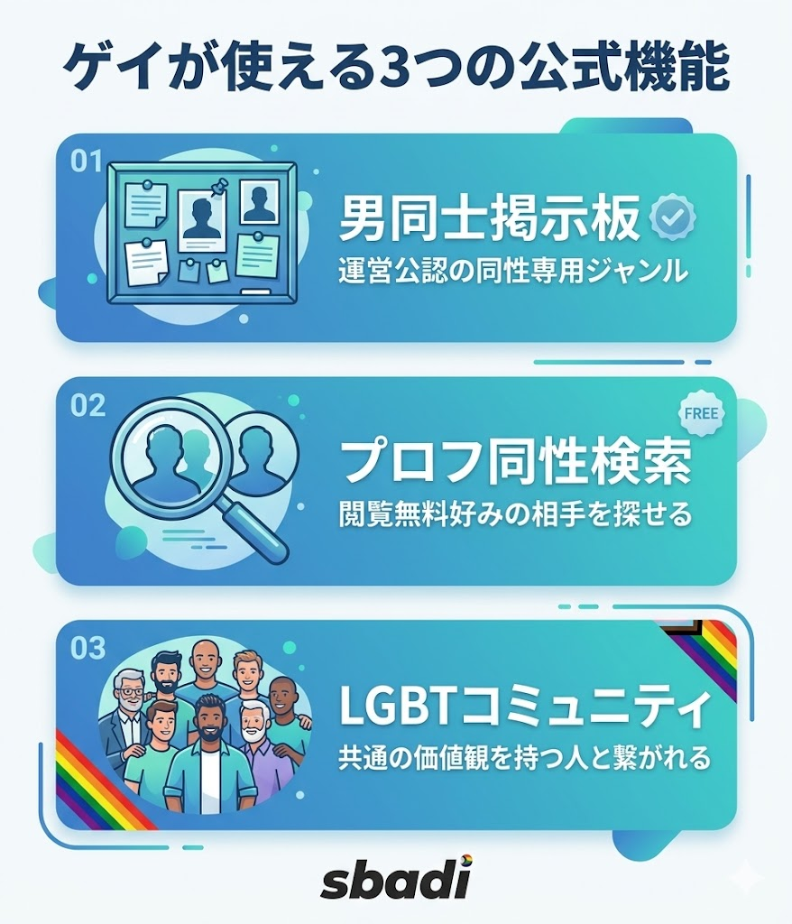 ワクワクメールでゲイが使える3つの公式機能（男同士掲示板、プロフ同性検索、LGBTコミュニティ）の図解。
