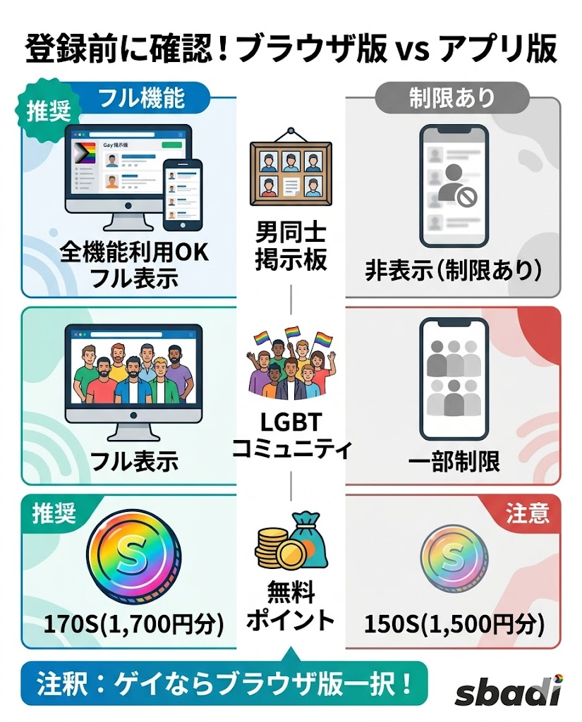 ワクワクメールのブラウザ版とアプリ版の比較図。ブラウザ版はゲイ向け機能が全開放され、無料ポイントも多いことを説明。