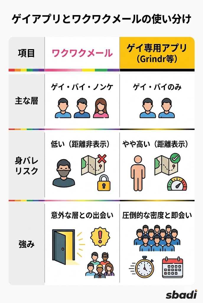 ワクワクメールとゲイ専用アプリ（Grindrなど）の比較表。身バレリスクの低さやノンケとの接点など、使い分けのポイントを整理。