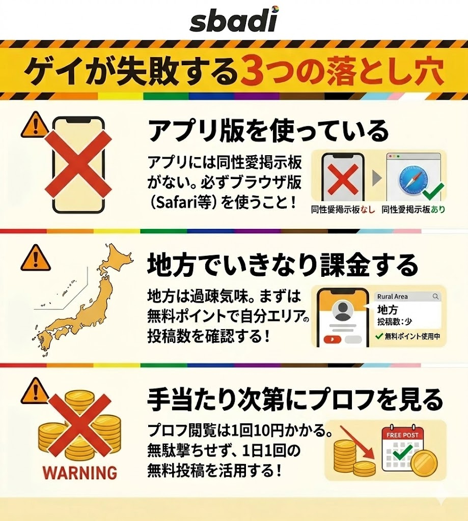 ゲイがPCMAXで失敗する3つの落とし穴を図解。アプリ版の利用、地方でのいきなり課金、手当たり次第のプロフ閲覧を警告