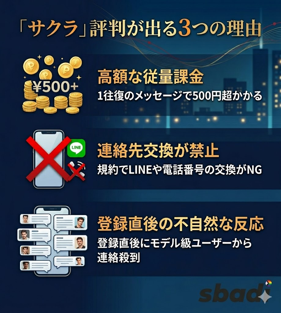 bibleでサクラ評判が出る3つの理由を図解。高額な従量課金、連絡先交換の禁止、登録直後の不自然な反応を整理