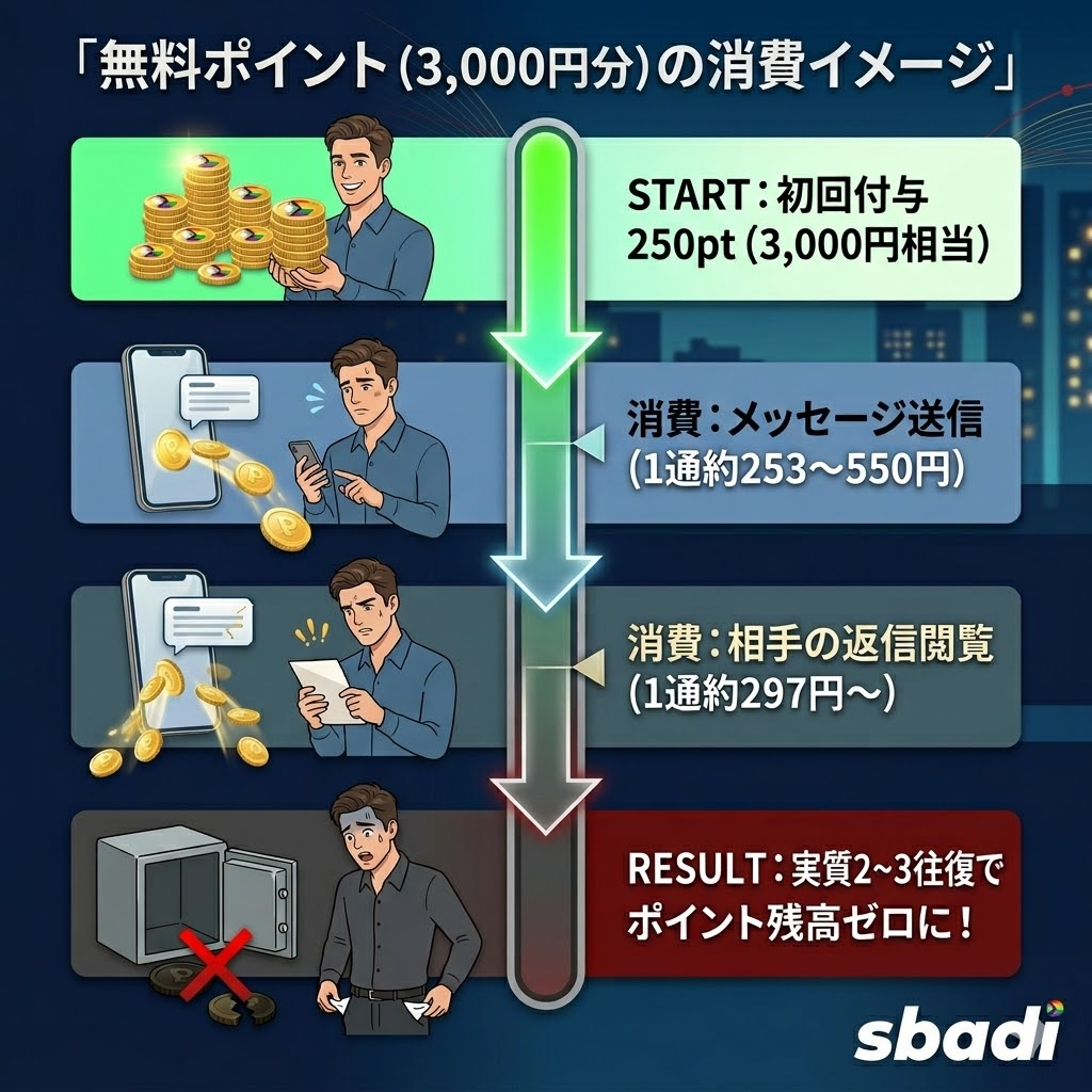 bibleの無料ポイント3000円分の消費シミュレーションを図解。送信と閲覧でポイントを消費し、実質2から3往復でゼロになる流れ