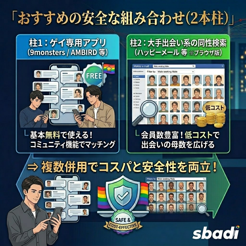 おすすめの安全なゲイ向けアプリの組み合わせを図解。基本無料のゲイ専用アプリと、母数の多い大手出会い系のブラウザ版を併用するメリットを整理