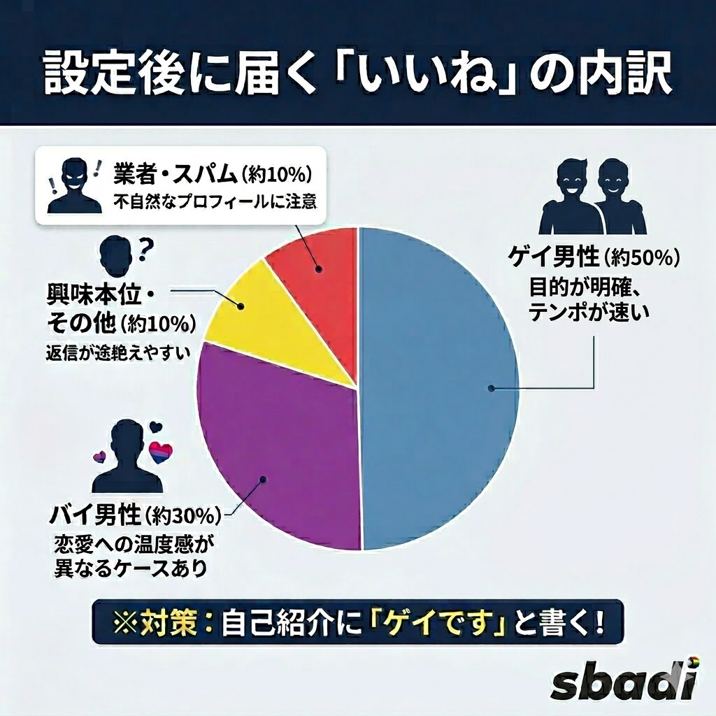 Tinderをゲイ設定にした後に届くいいねの内訳を図解。ゲイ男性が約半数、バイ男性が約3割、その他興味本位や業者が混在する現実を解説