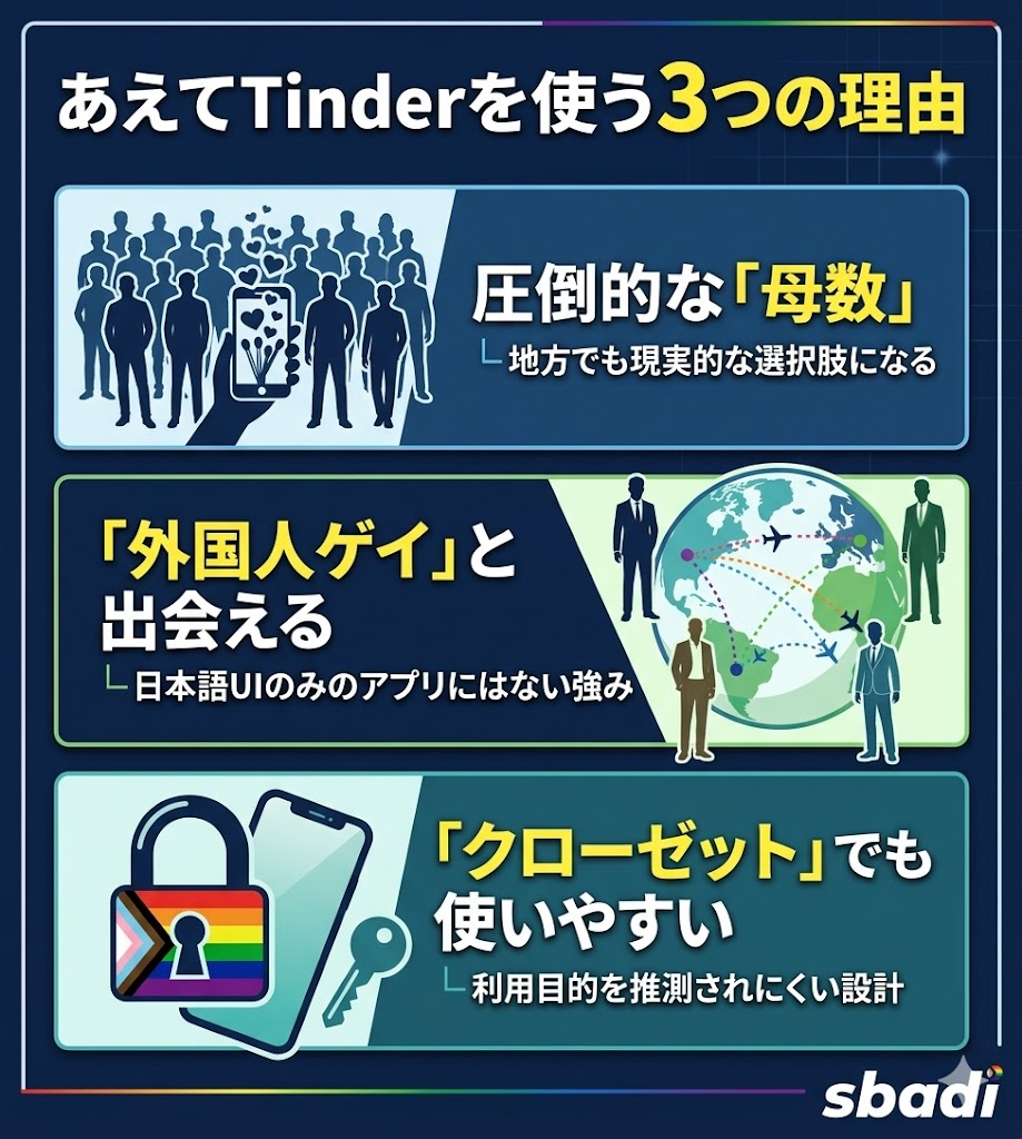 ゲイがTinderを選ぶ3つの強みを図解。圧倒的な母数、外国人ゲイ層へのアクセス、クローゼットでも使いやすい設計を整理