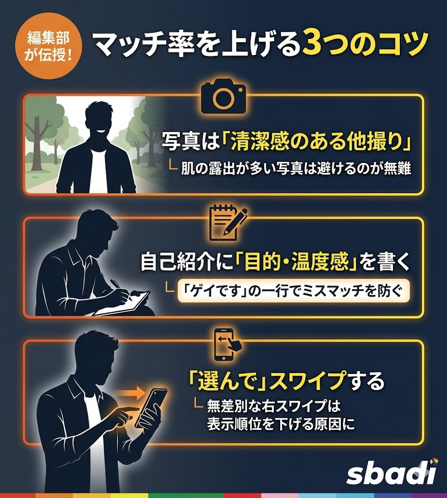 Tinderでのマッチ率を上げる3つのコツを図解。清潔感のある他撮り写真、目的を明記した自己紹介、選んでスワイプする重要性を整理