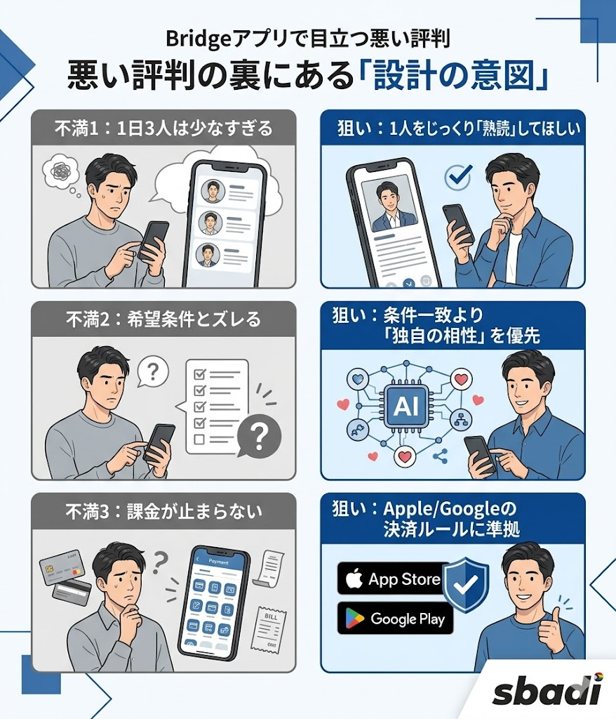 Bridgeの悪い評判とその設計意図の比較図解。紹介数制限や条件のズレの背景を解説。