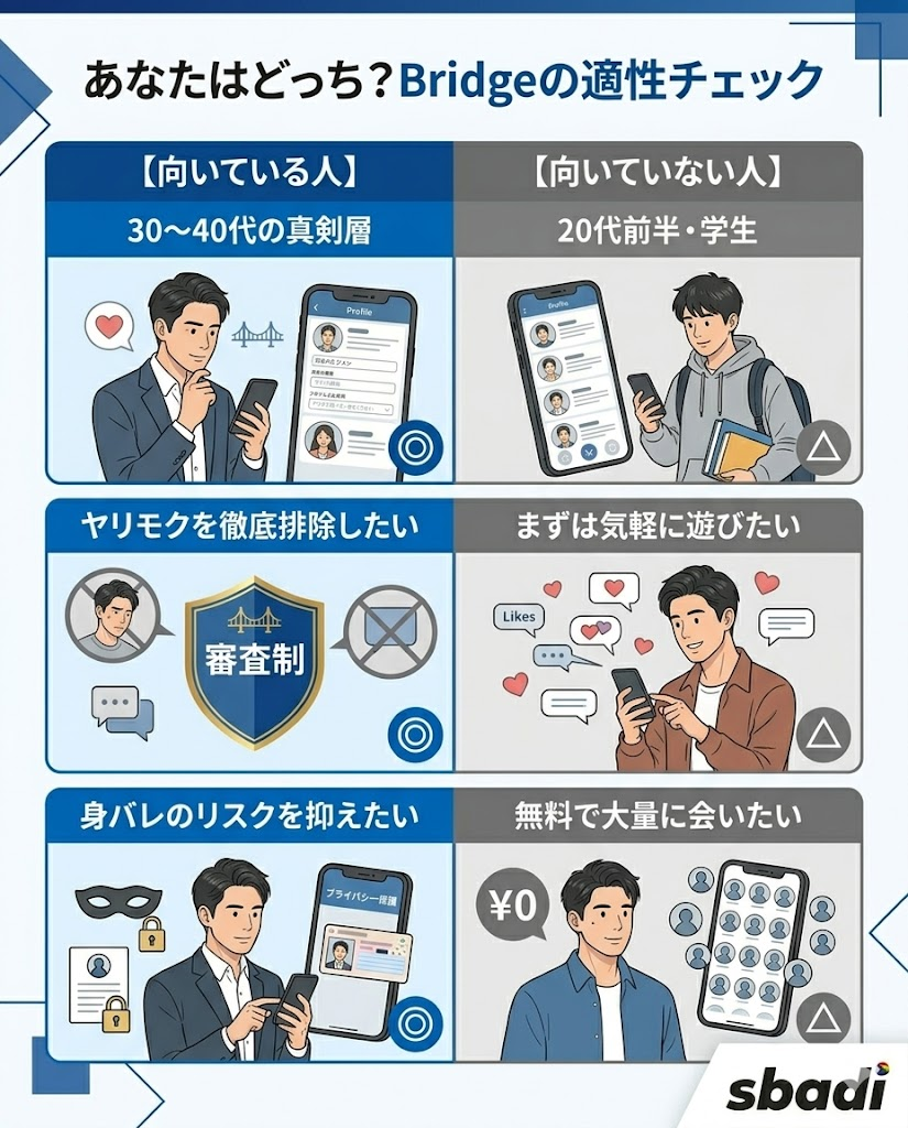 Bridgeの向き不向きを比較した図解。30-40代の真剣層に適していることを提示。