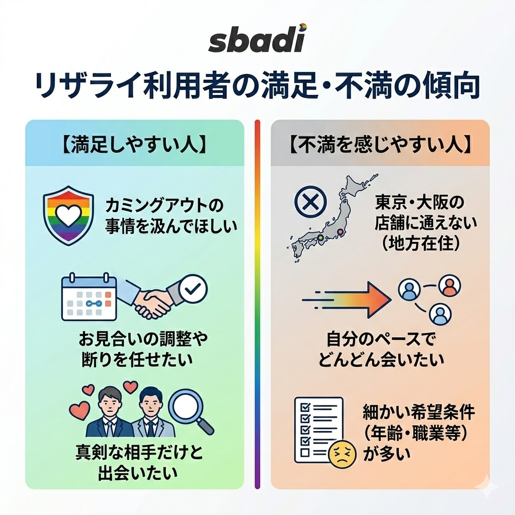 リザライの利用で満足しやすい人と不満を感じやすい人の特徴を左右対比で整理した図解