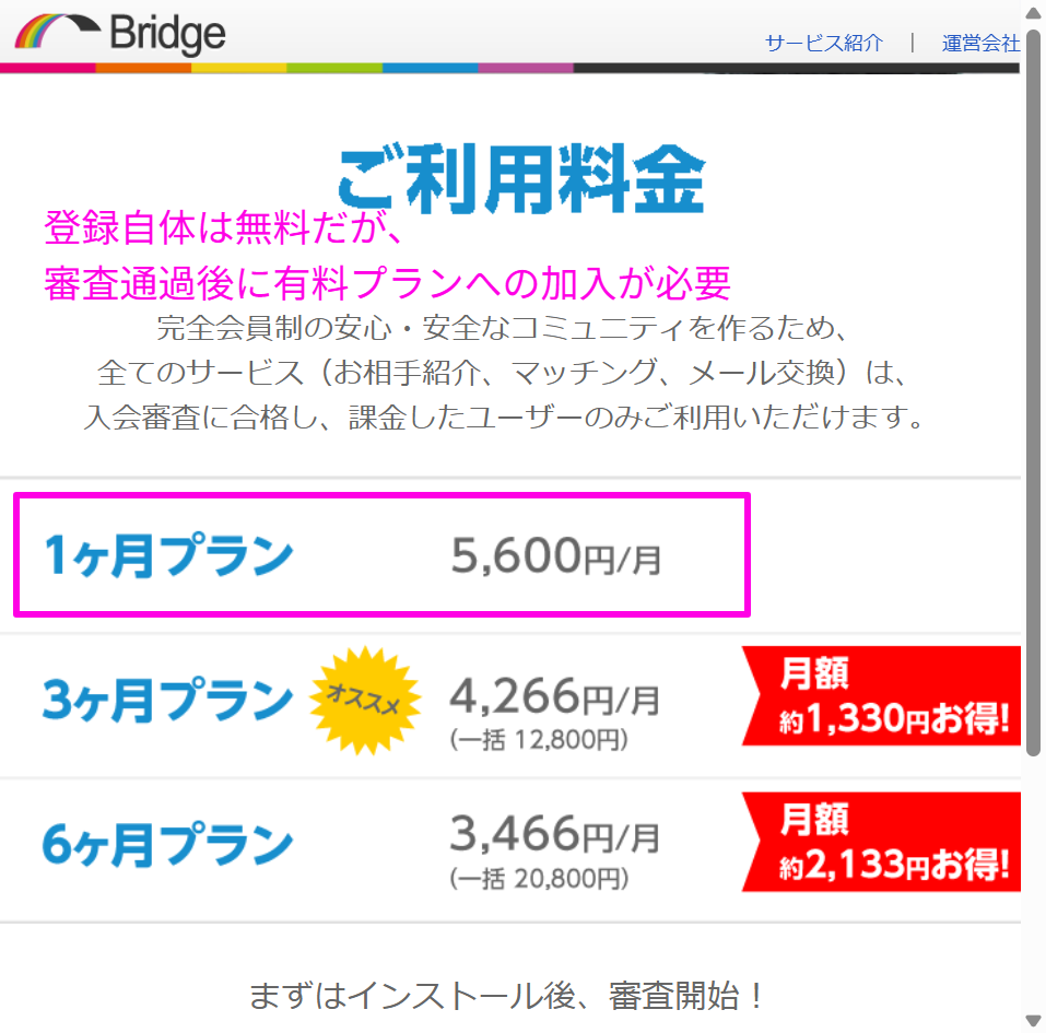 Bridge公式サイトに記載されている月額5,600円を含む各料金プランの表（2026年4月時点）