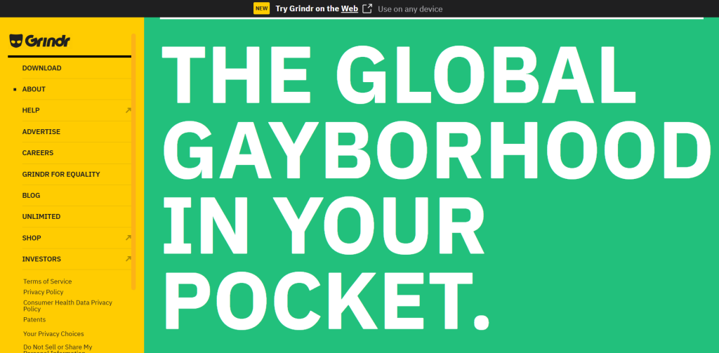 Grindr公式サイトのトップページ画面。世界最大のゲイ向けアプリとしての概要が記載されている。