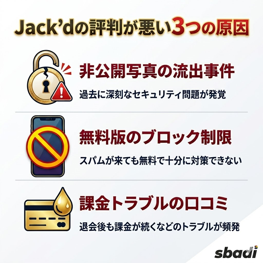 Jack'dの評判が悪い3つの原因を図解。非公開写真の流出事件、無料版のブロック制限、課金トラブルを整理