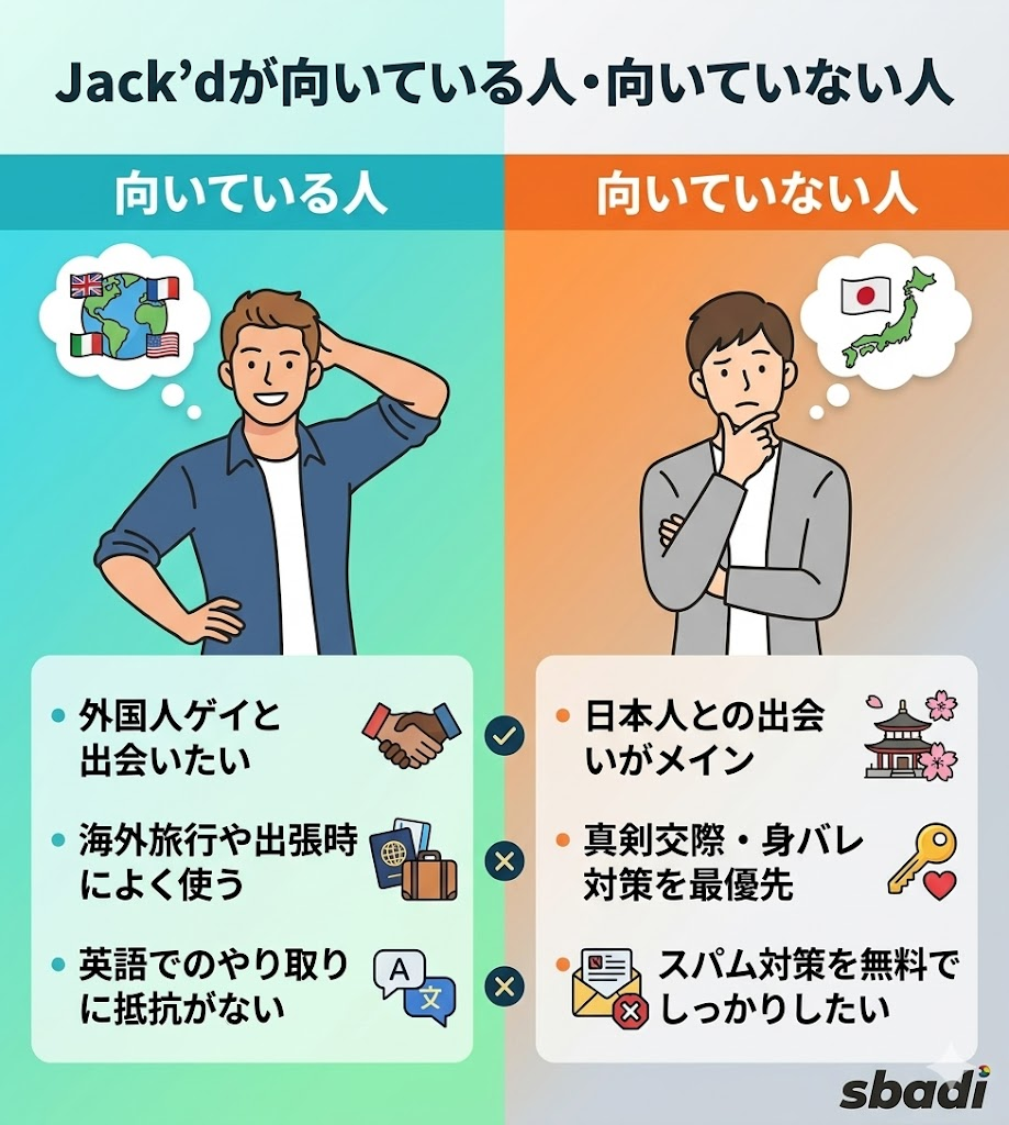 Jack'dが向いている人と向いていない人の比較図。外国人や海外目的の人に向き、日本人との真剣交際を求める人には不向きであることを対比