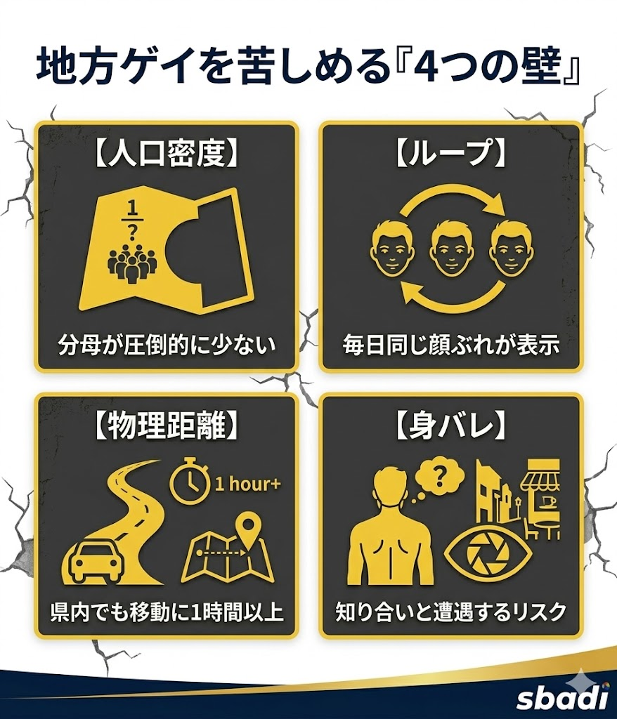 地方ゲイの出会いを阻む4つの要因（人口密度、ループ、物理距離、身バレ）を整理した図解
