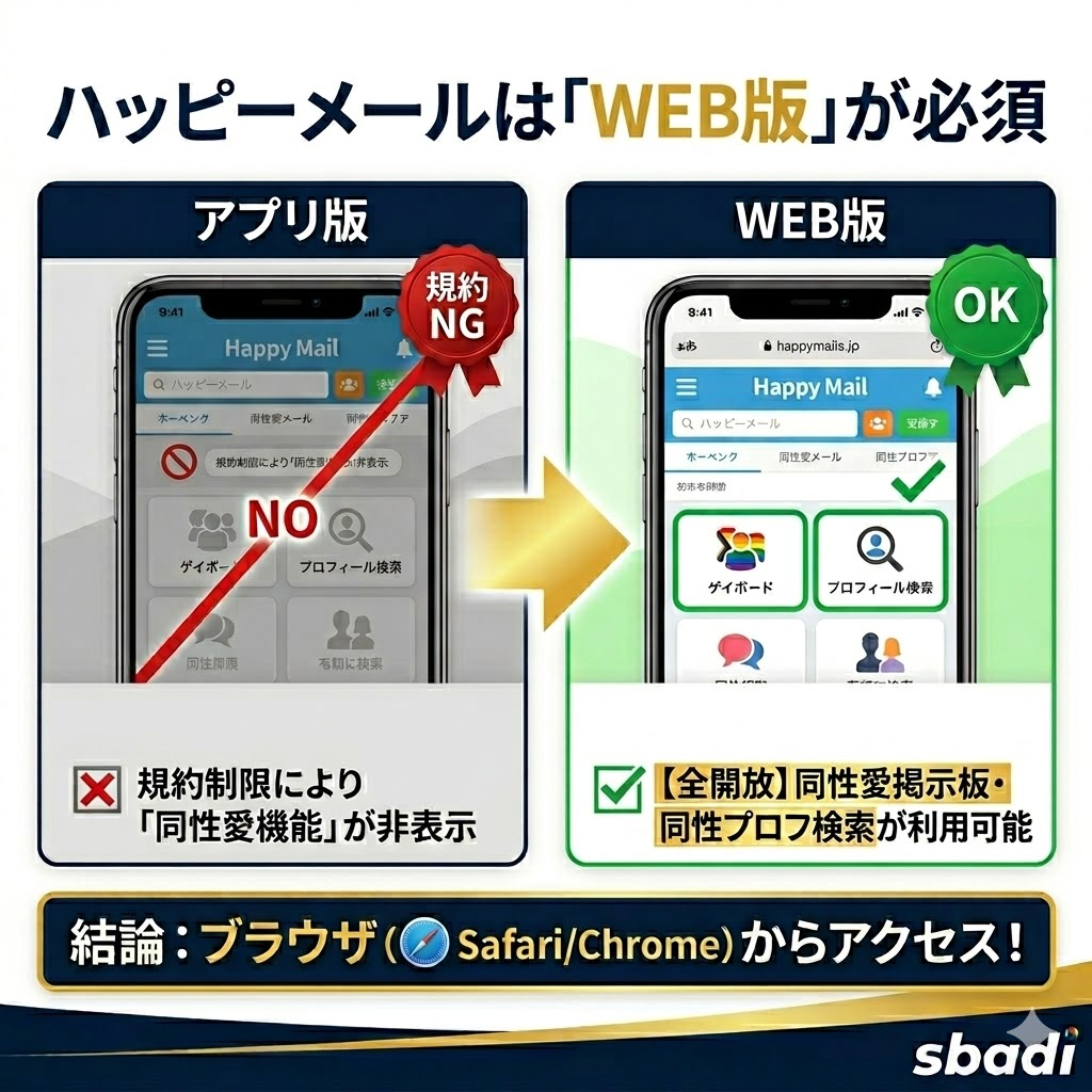 ハッピーメールのアプリ版とWEB版の機能差。WEB版のみ同性愛向け機能が使えることを説明