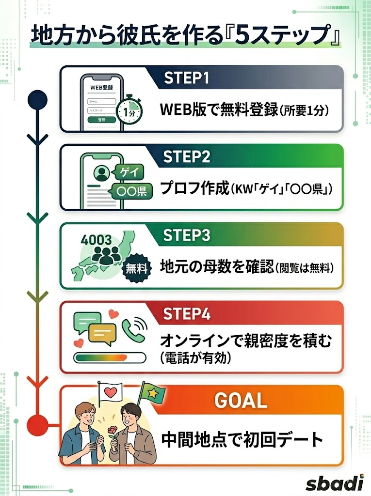 地方ゲイがアプリ登録から出会いに至るまでの5段階のステップ図解