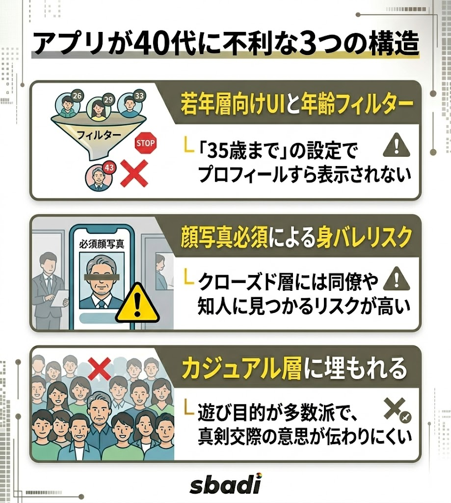 ゲイアプリが40代に不利な3つの理由を図解。年齢フィルターによる非表示、顔写真必須の身バレリスク、カジュアル層に真剣交際が埋もれる構造を解説