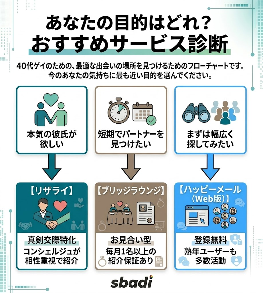 目的別おすすめサービス診断チャート。本気の彼氏ならリザライ、短期成婚ならブリッジラウンジ、幅広く探すならハッピーメールWeb版を提示