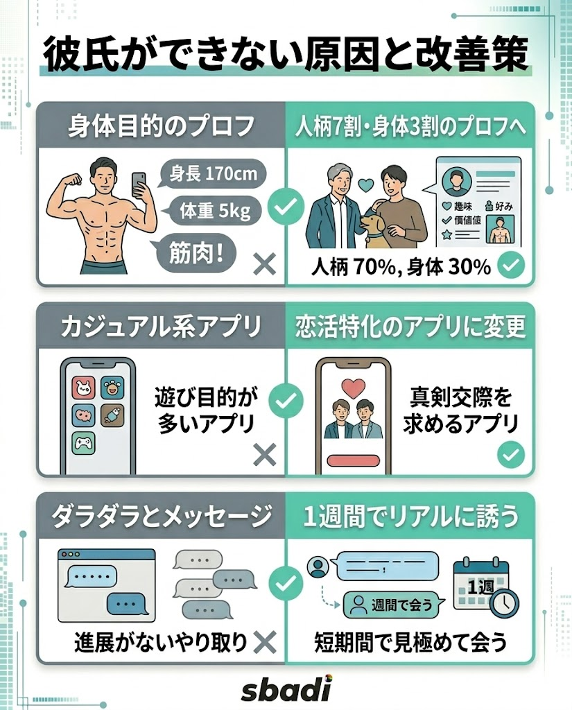 彼氏ができない原因と改善策の対比図。プロフ内容、アプリ選び、メッセージ期間のNG例と正解を比較
