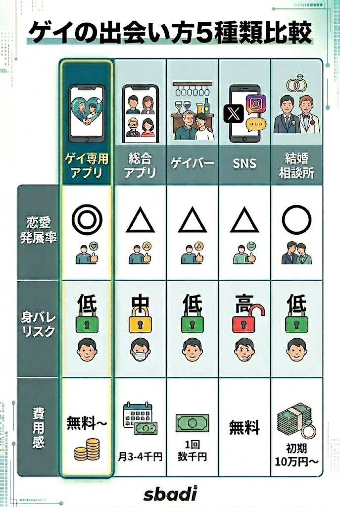 ゲイの出会い方5種類の比較表。ゲイ専用アプリ、総合アプリ、ゲイバー、SNS、結婚相談所を恋愛発展率やリスクで比較