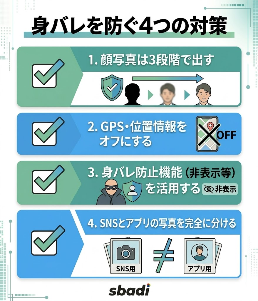 身バレを防ぐ4つの対策。顔写真の段階公開、GPSオフ、機能活用、SNS分離のチェックリスト