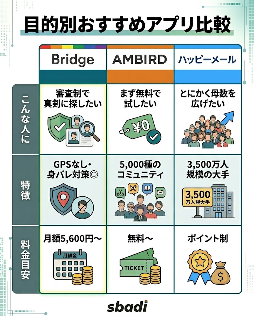目的別おすすめアプリ比較表。Bridge、AMBIRD、ハッピーメールをターゲット層、特徴、料金で比較