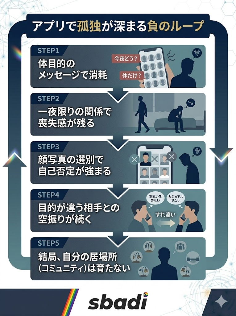 ゲイアプリで孤独が深まる5つの仕組み。体目的メッセージ、一夜限りの関係、顔選別、目的ミスマッチを経てコミュニティが育たない負のループを図解