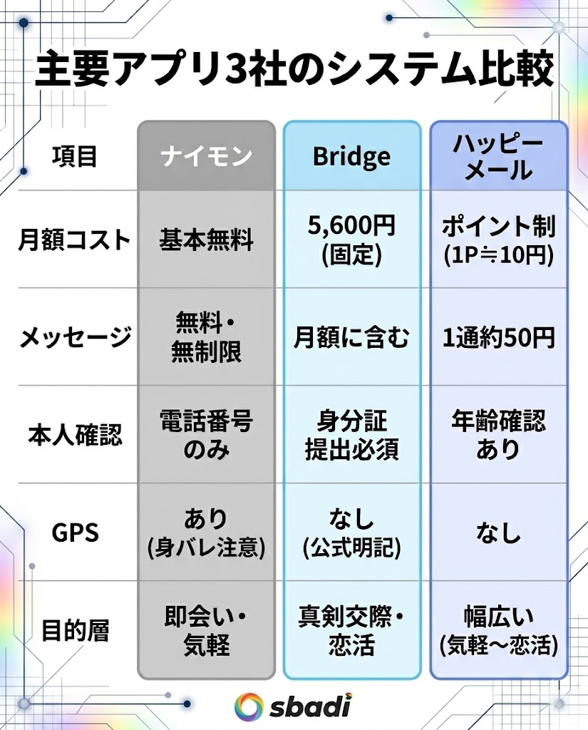 ナイモン、Bridge、ハッピーメールのシステム比較表。月額コスト、メッセージ料金、本人確認、GPS有無、目的層の違いを整理