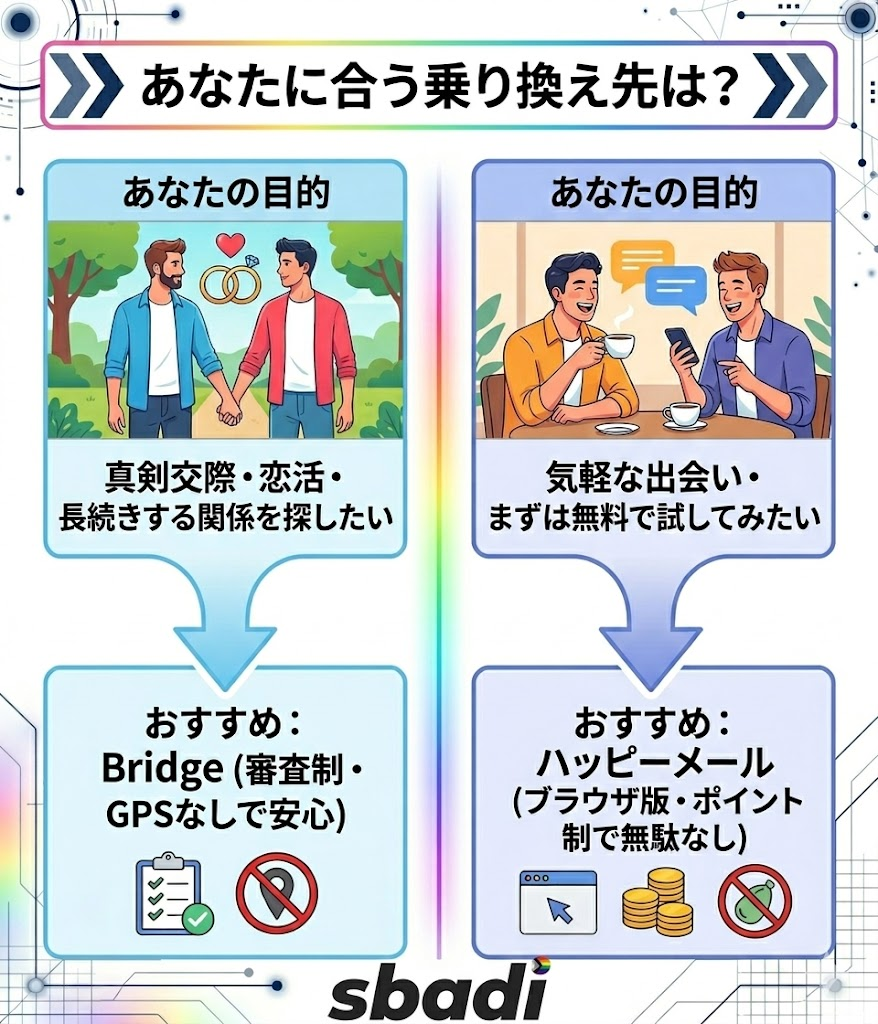 目的別の代替アプリの選び方。真剣交際ならBridge、気軽な出会いやお試しならハッピーメールがおすすめであることを図解