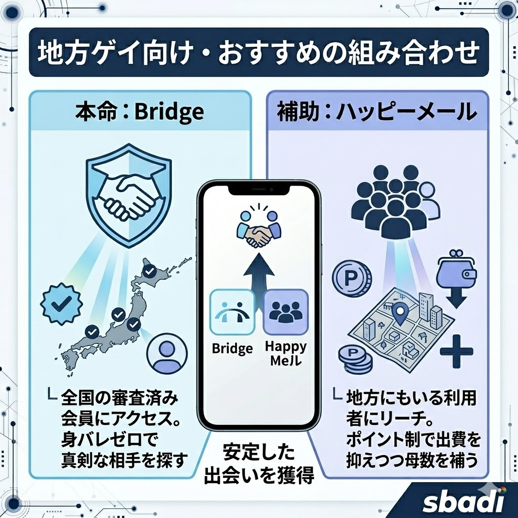 地方ゲイにおすすめのアプリ組み合わせ。本命としてBridgeで真剣な相手を探し、補助としてハッピーメールで母数を補う運用法