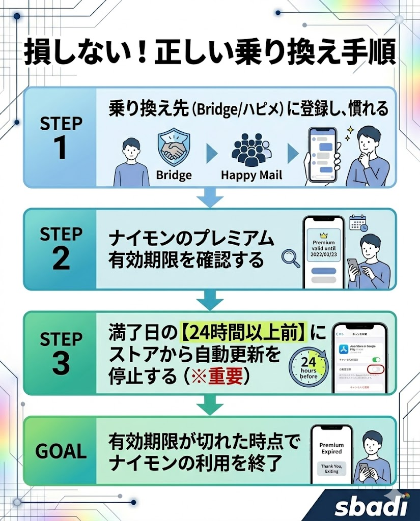ナイモンのプレミアム解約と乗り換えの正しい手順。代替アプリ登録後、有効期限を確認し、満了日24時間前にストアから自動更新を停止する流れ