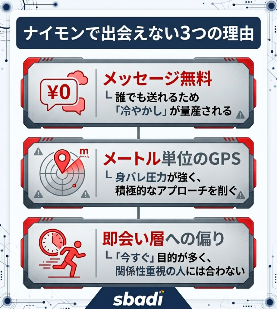 ナイモンで出会えない3つの理由を図解。メッセージ無料による冷やかし、GPSによる身バレ圧力、即会い層への偏りについて