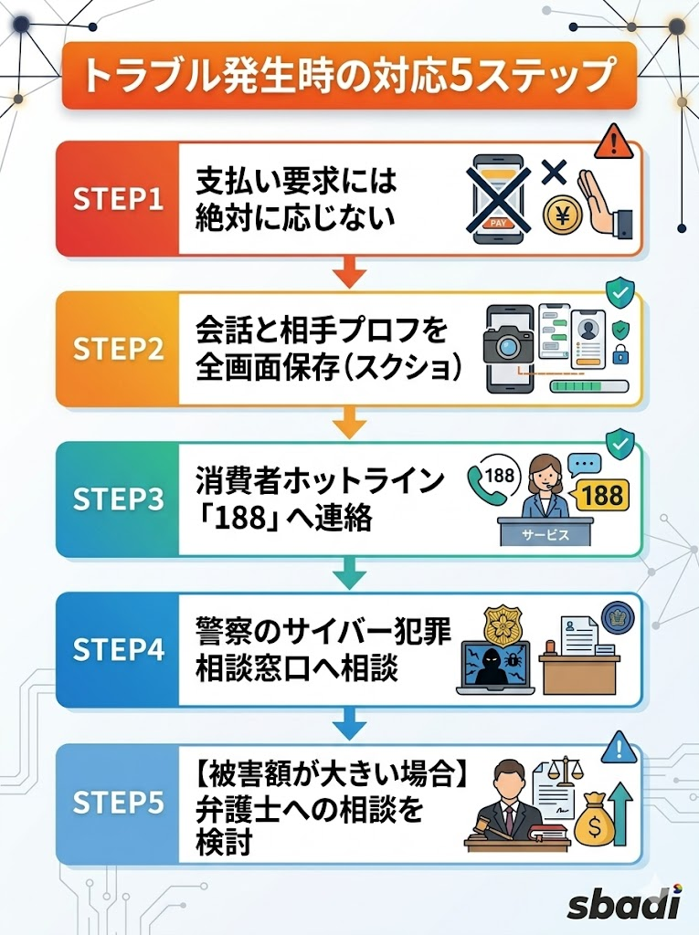 Grindrで被害に遭った直後の対応5ステップ。支払拒否から証拠保存、188や警察・弁護士への相談までの流れ