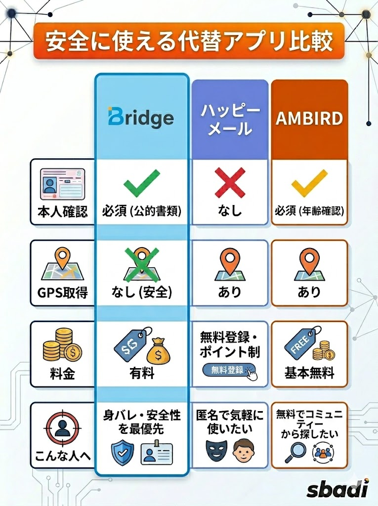 Grindrより安全に使える代替アプリ比較表。Bridge、ハッピーメール、AMBIRDの本人確認、GPS取得、料金などを比較