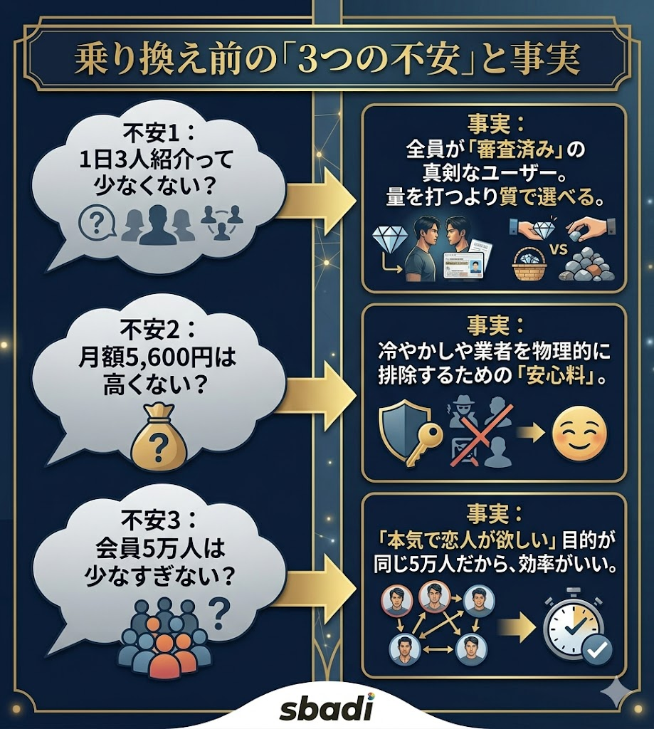 Bridge乗り換えの3つの不安と事実を図解。紹介人数、料金、会員数に関する懸念に対し、審査済みの質や安心感といったメリットで回答