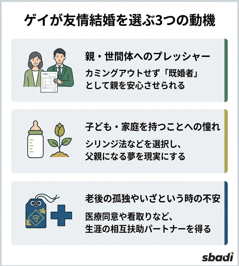 ゲイが友情結婚を選ぶ3つの動機を図解。親・世間体へのプレッシャー、子どもへの憧れ、老後の孤独不安の解消をアイコン付きで整理