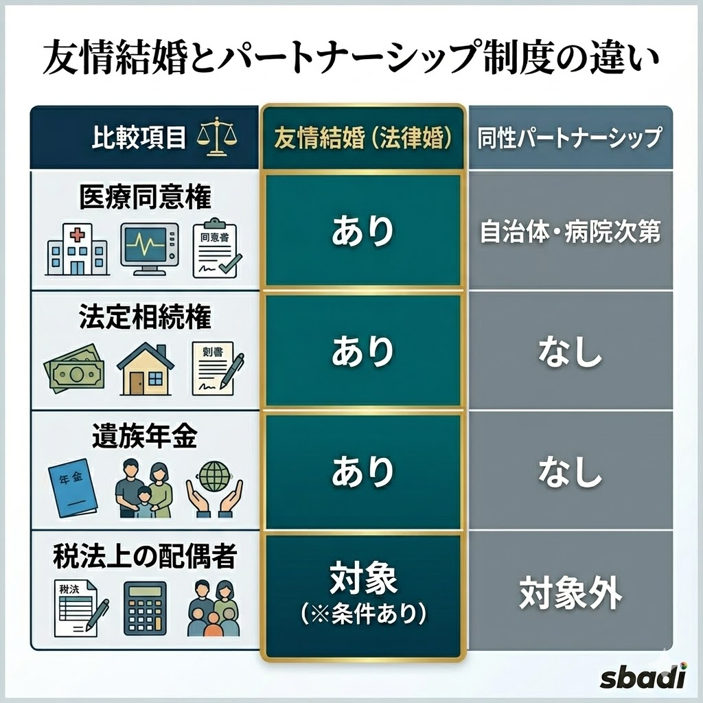 友情結婚と同性パートナーシップ制度の法的権利の違いを比較した表。医療同意権、法定相続権、遺族年金などの有無を整理