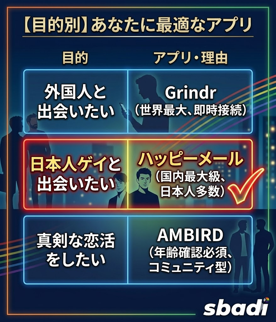 目的別マッチングアプリ選びの図解。外国人ならGrindr、日本人ならハッピーメールが最適であることを比較。