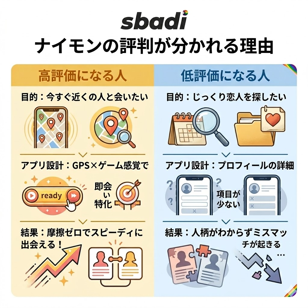 ナイモンの評判が分かれる理由の図解。即会い目的には最適だが、恋人探しには設計が合わない構造を左右対比で説明