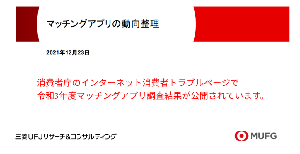消費者庁のインターネット消費者トラブルページで令和3年度マッチングアプリ調査結果が公開されている箇所