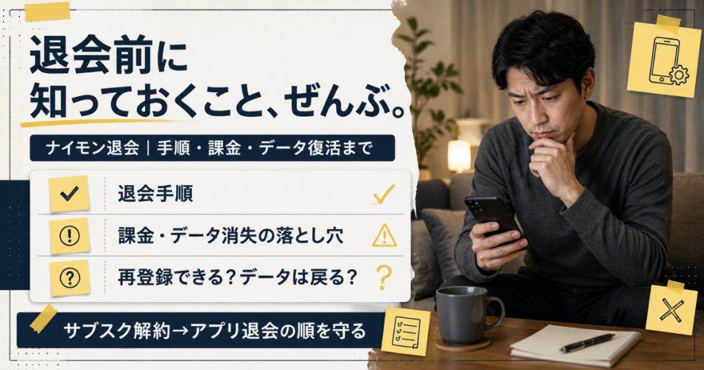 ナイモン退会の手順・課金・データ復活の落とし穴を一目で整理した編集部の解説図
