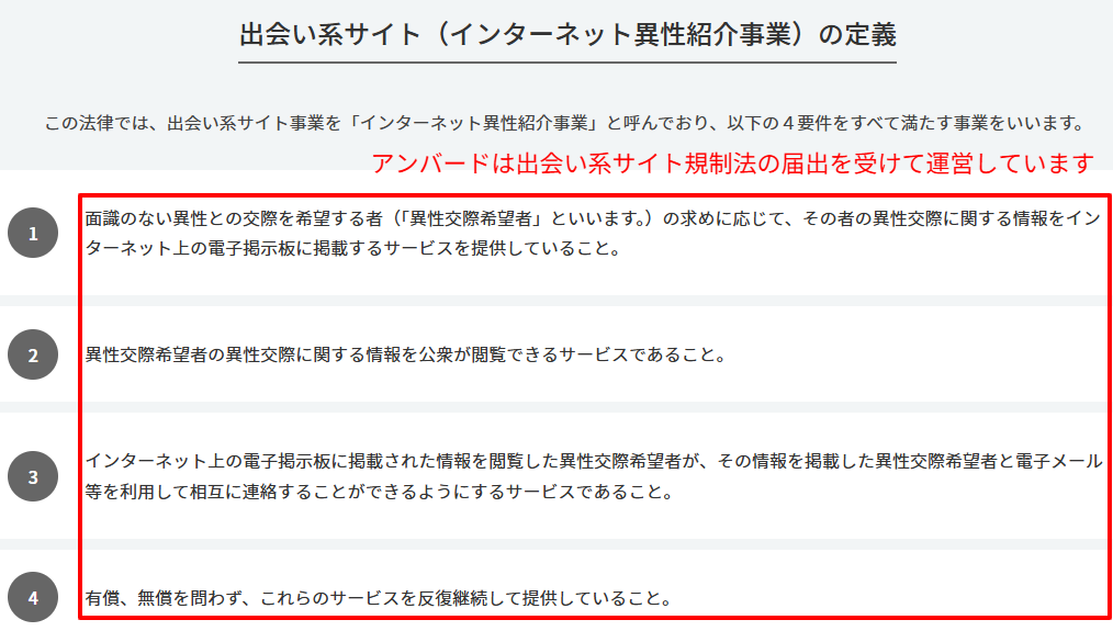 警察庁公式ページ「出会い系サイト規制法」インターネット異性紹介事業の定義(4要件)