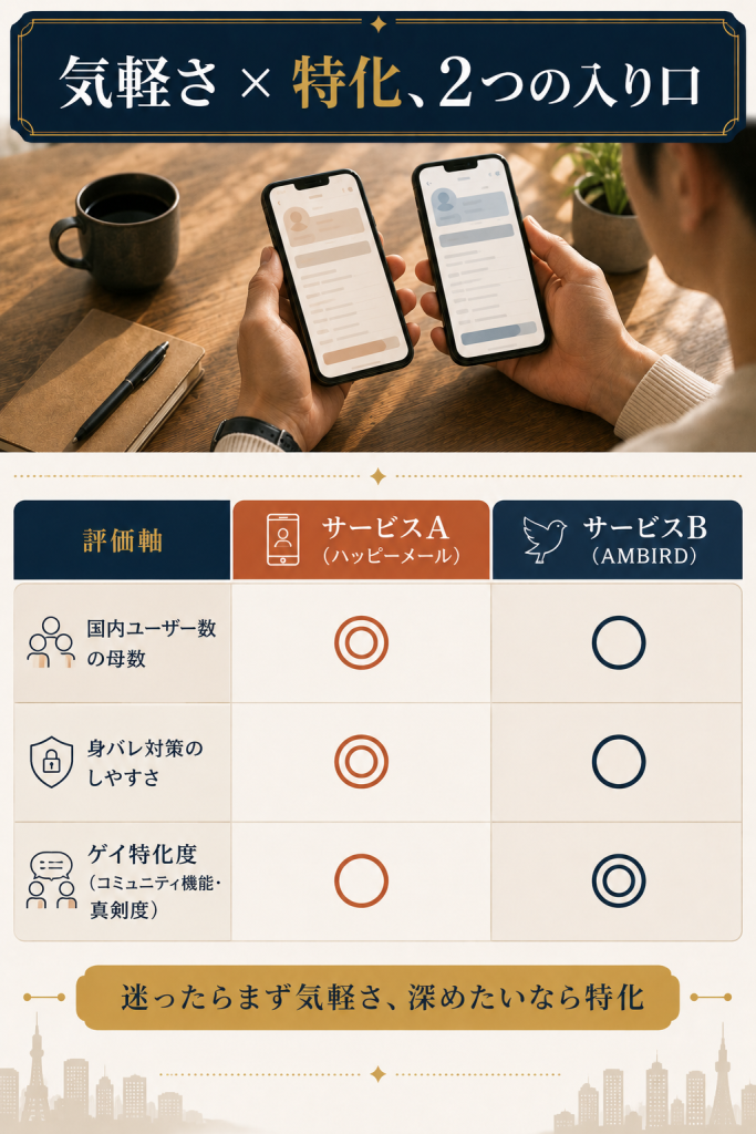 ゲイ向け出会いの場「気軽さと母数のハッピーメール」と「ゲイ特化のAMBIRD」を3軸で中立比較した編集部の図解