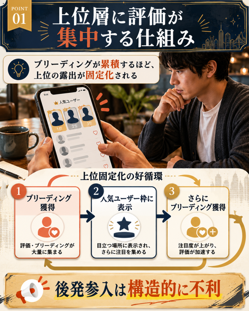 ナイモンの「ブリーディング→人気ユーザー枠表示→さらにブリーディング獲得」の好循環構造の図解